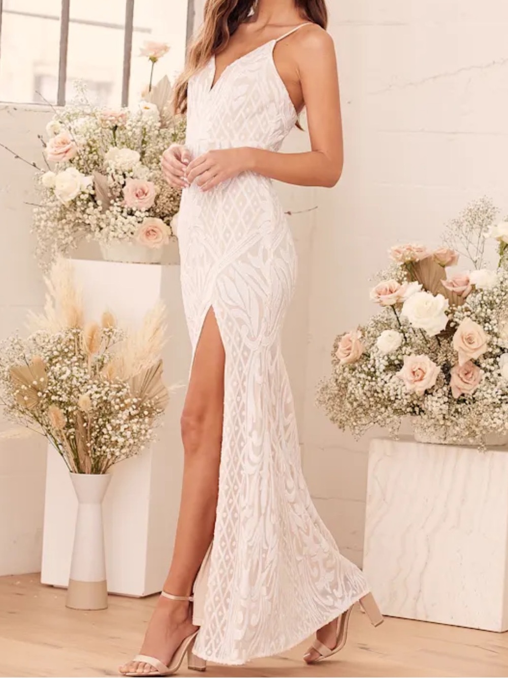 NWOT-Destined for Romance Beige and White Sequin Maxi Dress